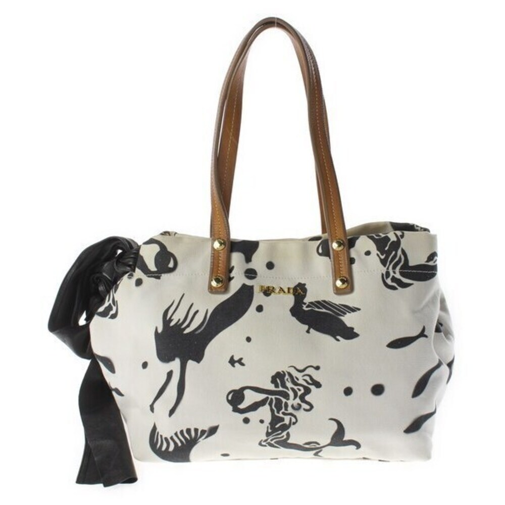 PRADA Mythological leather ribbon canvas hand tote bag